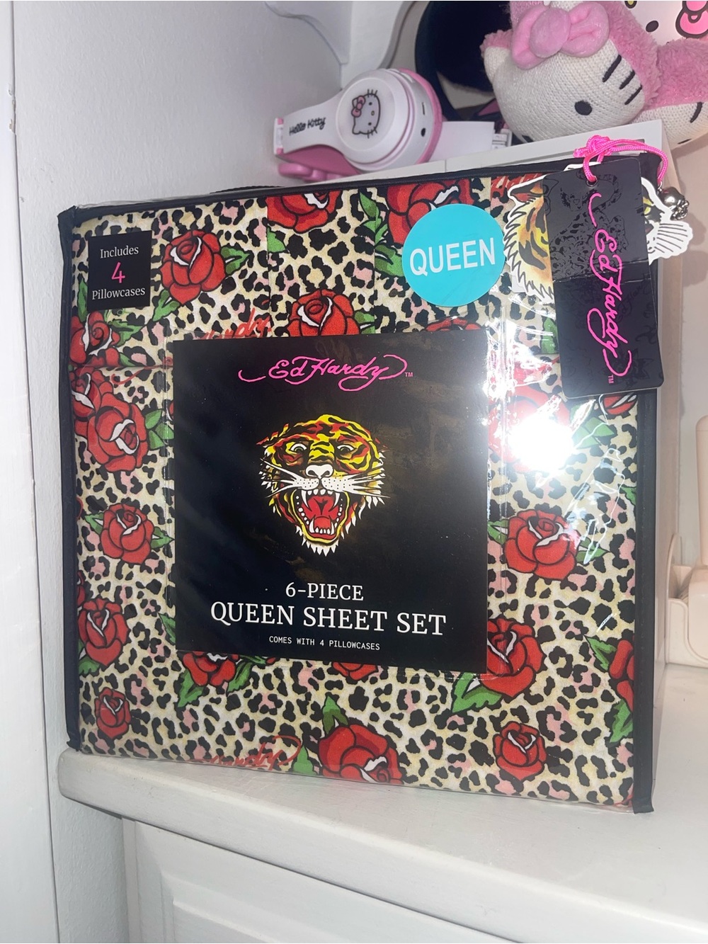 NWT Ed Hardy Queen Sheet Set with Red Rose & Leopard Print - Black/Cream/Red